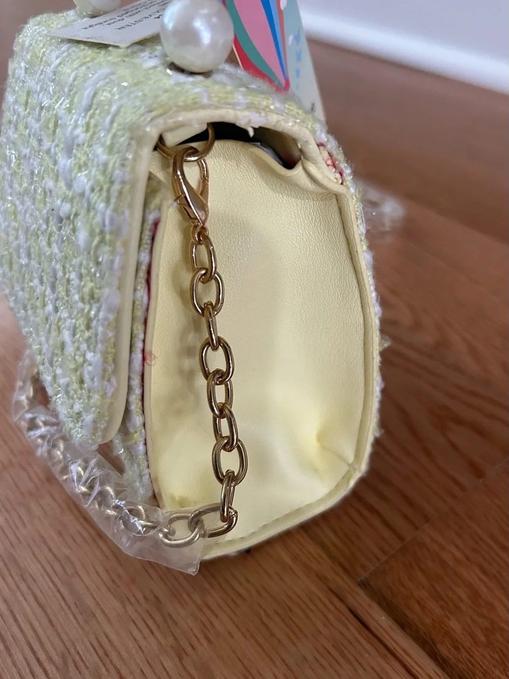 NWT Kids Mini Yellow Tweed Plaid Crossbody Purse Pearl Handle
